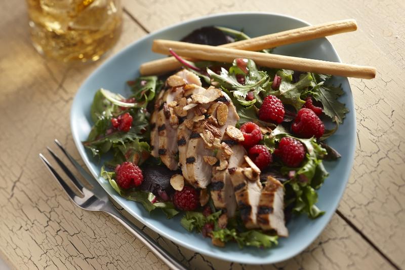 Raspberry Marinated Grilled Chicken Salad with Candied Cayenne Almonds